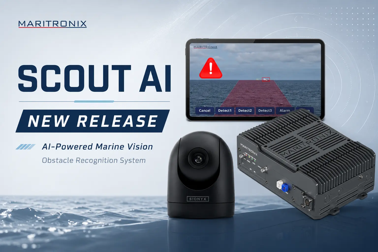 SCOUT AI marine vision system with AI obstacle detection, marine computer, camera and display for safer navigation