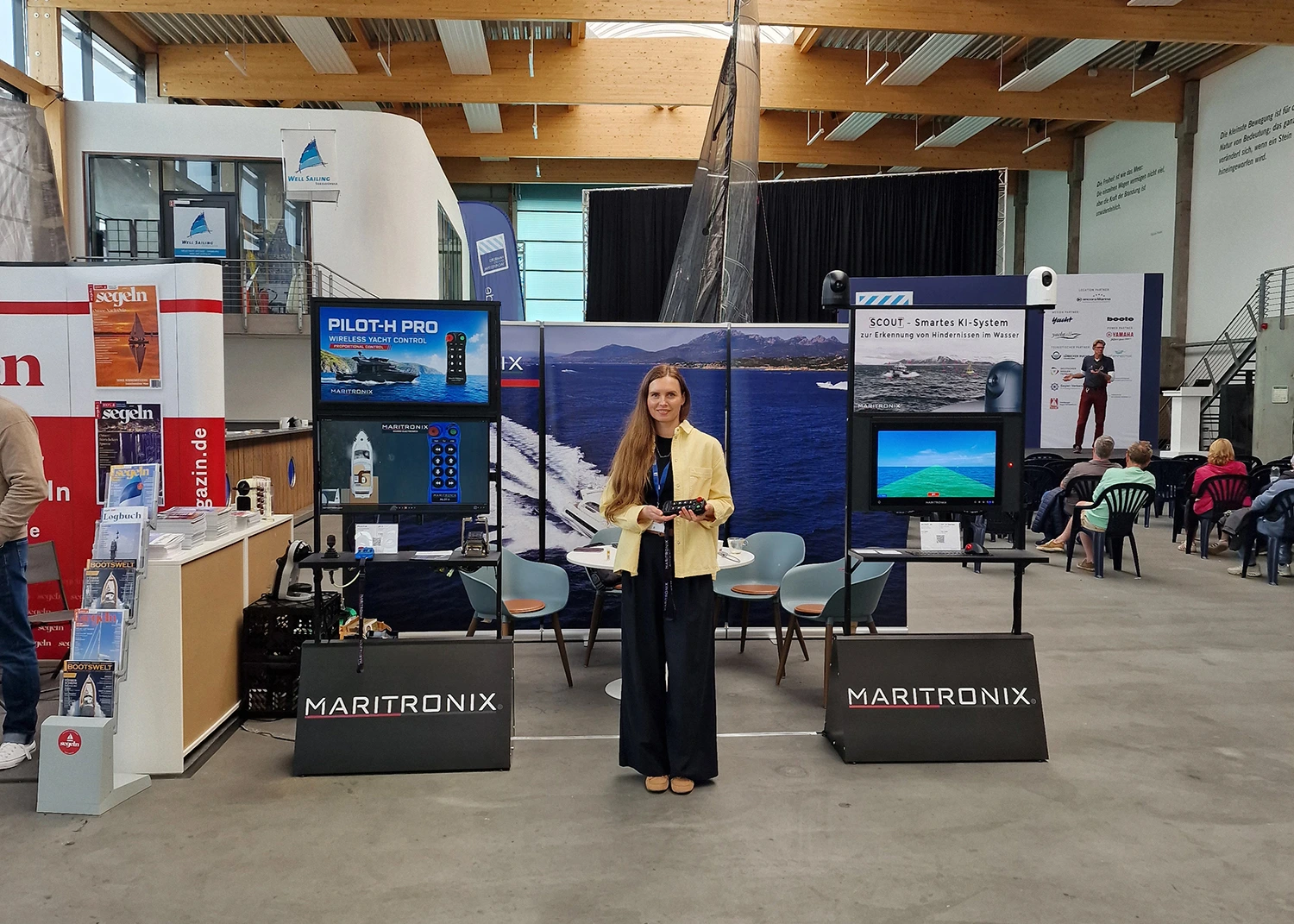 Maritronix exhibition stand at ancora Yachtfestival 2026 in Neustadt in Holstein with PILOT-H PRO wireless yacht control and SCOUT AI marine obstacle detection system