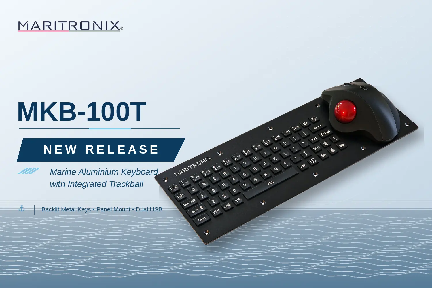 MARITRONIX MKB-100T new release banner for marine aluminium backlit keyboard with trackball