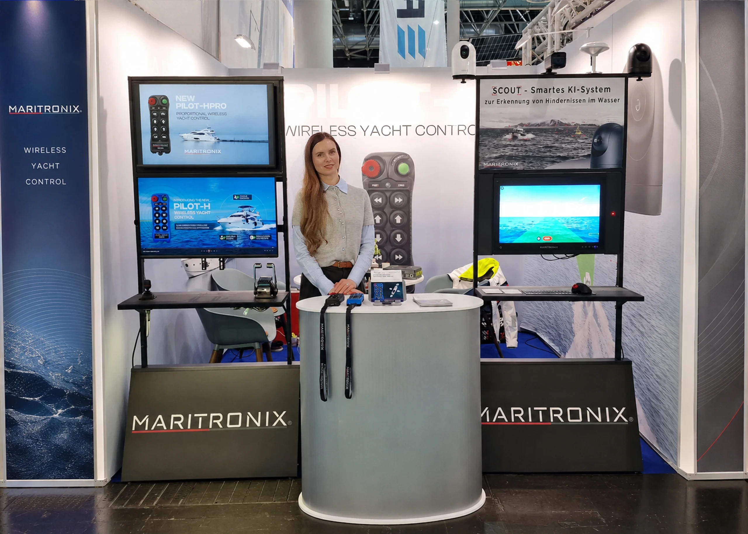 Maritronix exhibition stand at boot Düsseldorf 2026 showing PILOT-H PRO wireless yacht control and SCOUT marine obstacle detection system