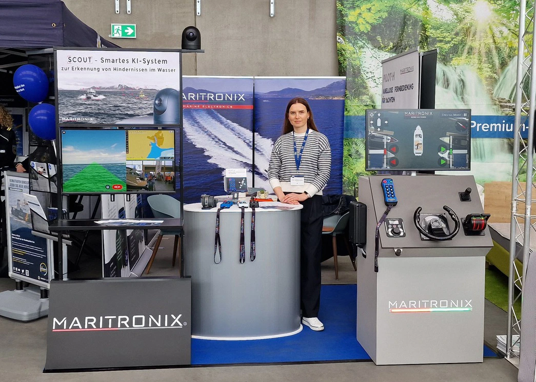 Maritronix exhibition stand at ancora Yacht Festival 2025 in Neustadt, showing PILOT-H wireless yacht control and SCOUT AI marine obstacle detection technology