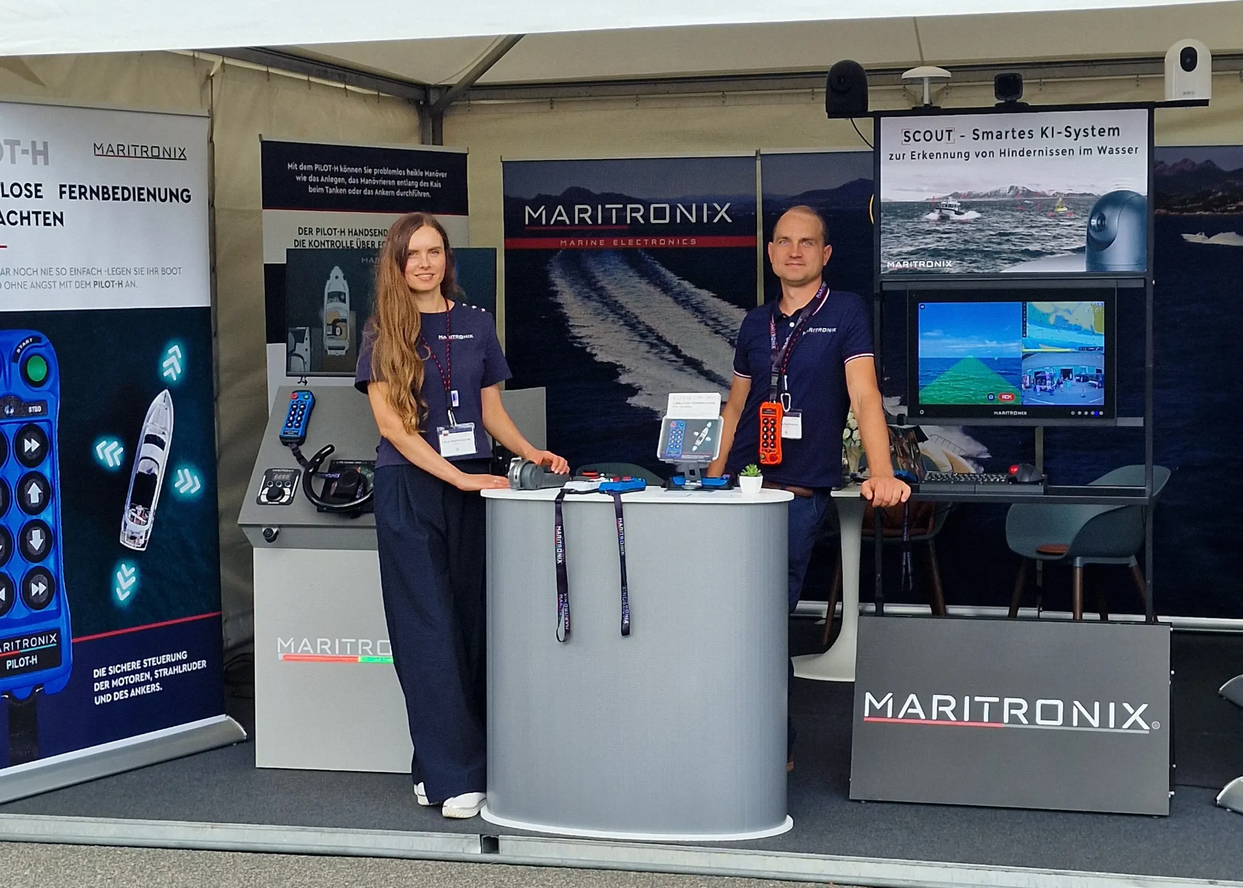 Maritronix exhibition stand at Hamburg Yacht Festival 2025 in Wedel, showing PILOT-H wireless yacht control and SCOUT AI marine obstacle detection technology