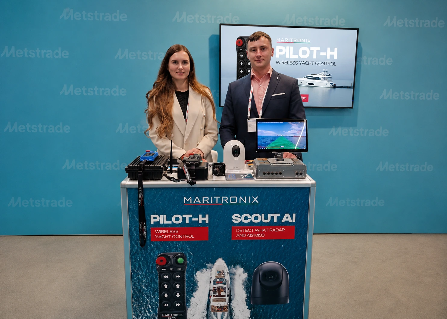 Maritronix exhibition stand at METSTRADE 2025 in Amsterdam showing PILOT-H wireless yacht control and SCOUT AI marine obstacle detection system