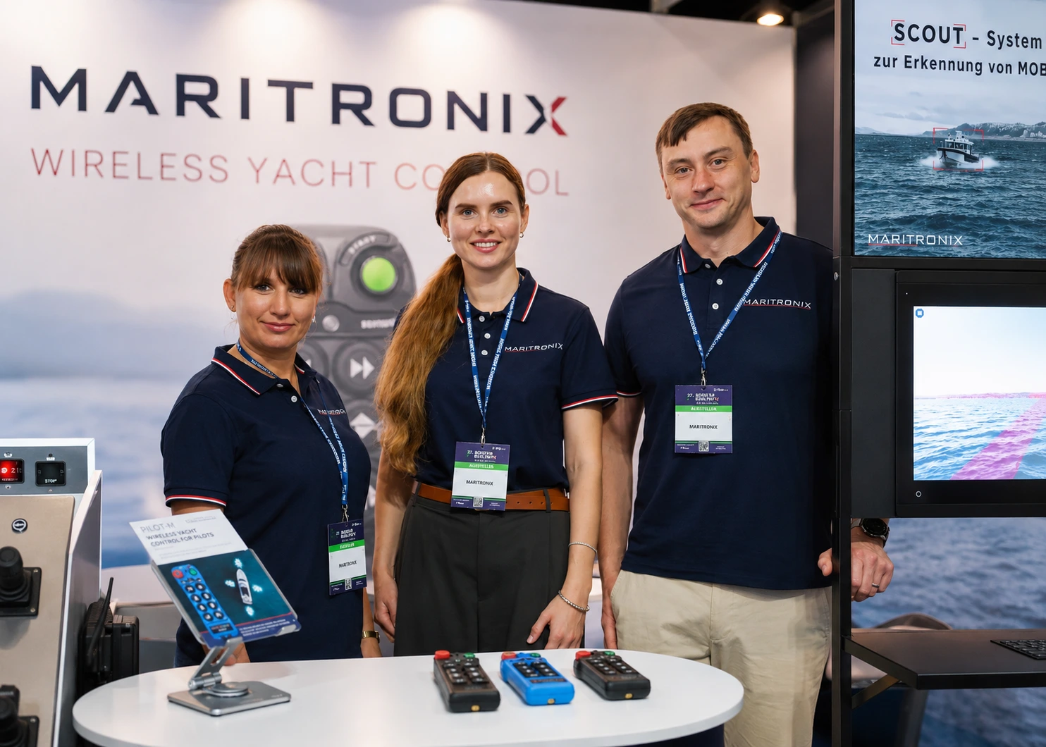 Maritronix team at Biograd Boat Show 2025 presenting PILOT-H wireless yacht control and SCOUT AI marine obstacle detection system