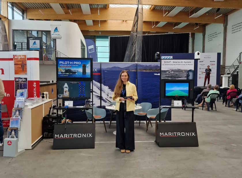 Maritronix exhibition stand at ancora Yachtfestival 2026 in Neustadt in Holstein with PILOT-H PRO wireless yacht control and SCOUT AI marine obstacle detection system
