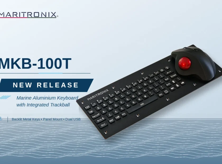MARITRONIX MKB-100T new release banner for marine aluminium backlit keyboard with trackball