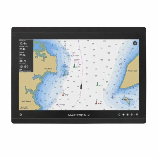 Maritronix MPC24 marine panel PC displaying a marine navigation chart