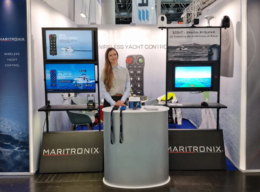 Maritronix exhibition stand at boot Düsseldorf 2026 showing PILOT-H PRO wireless yacht control and SCOUT marine obstacle detection system
