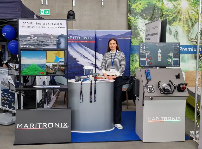 Maritronix exhibition stand at ancora Yacht Festival 2025 in Neustadt, showing PILOT-H wireless yacht control and SCOUT AI marine obstacle detection technology