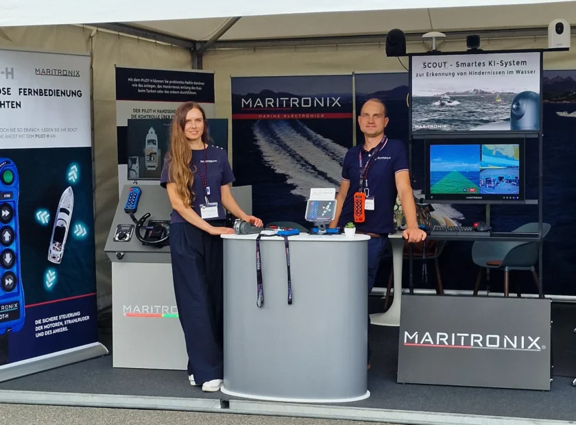 Maritronix exhibition stand at Hamburg Yacht Festival 2025 in Wedel, showing PILOT-H wireless yacht control and SCOUT AI marine obstacle detection technology