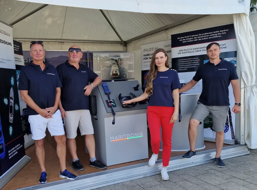 Maritronix exhibition stand at BOOT & FUN INWATER 2024 in Werder, showing the PILOT-H wireless yacht control system
