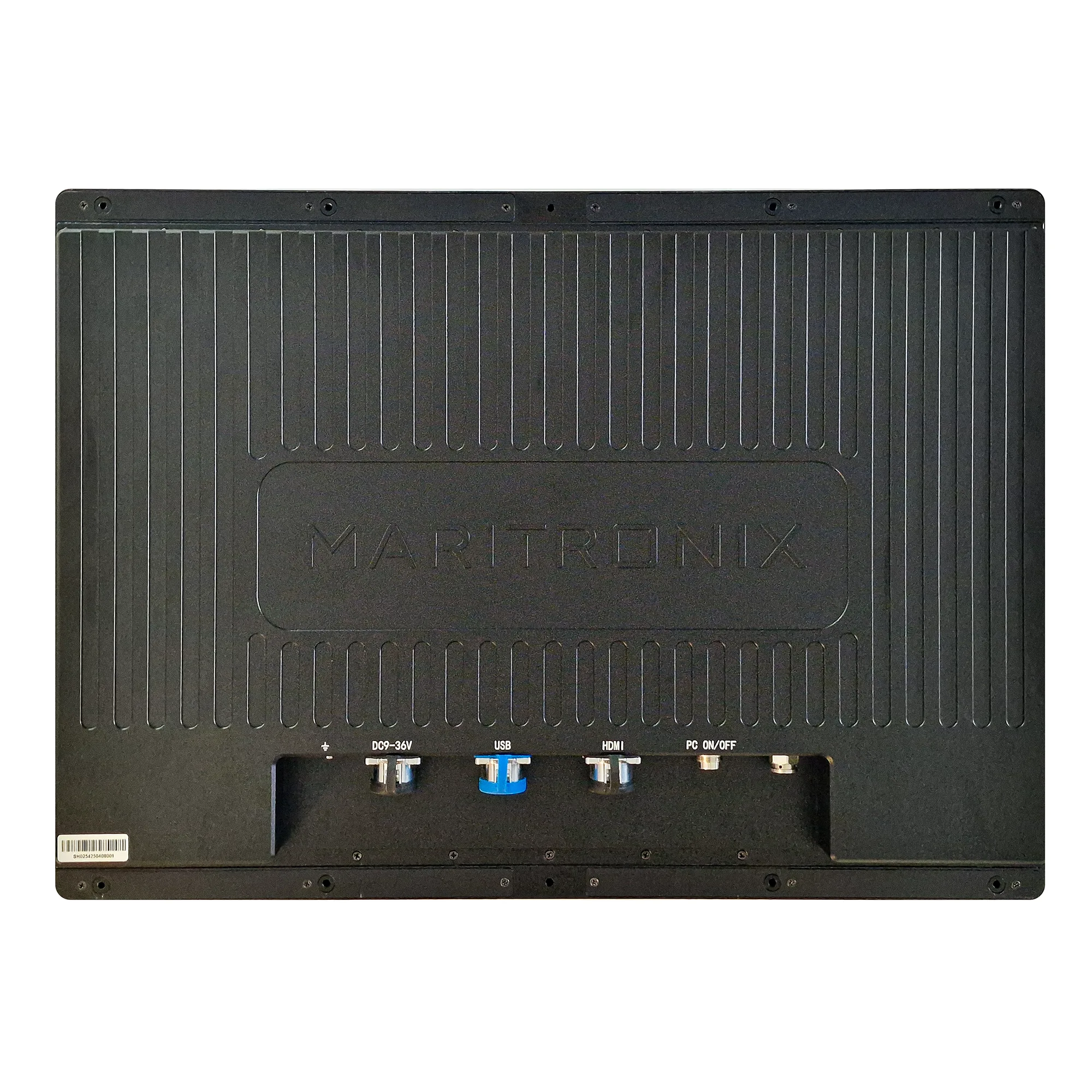 Back panel of the Maritronix X24 marine monitor with heat-sink fins and mounting points