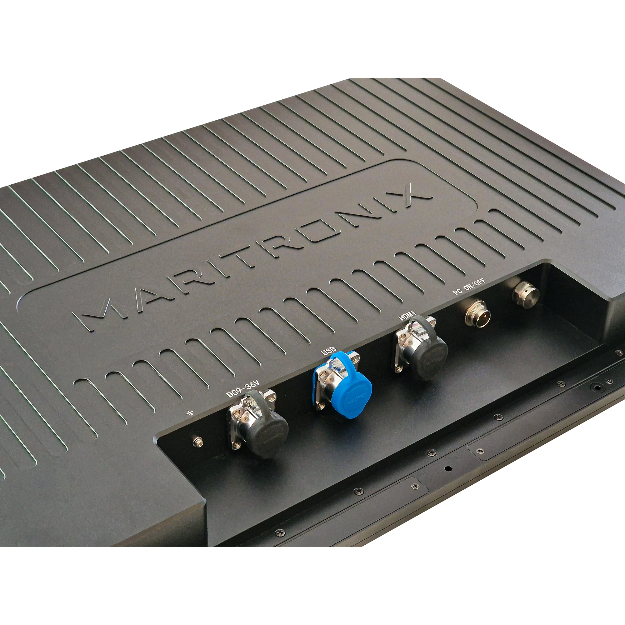 Rear connector panel on the Maritronix X24 marine monitor: USB, HDMI and DC power inputs